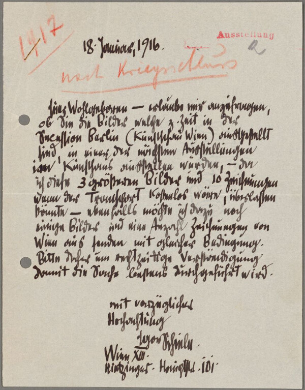 Brief von Egon Schiele an Wilhelm Wartmann 