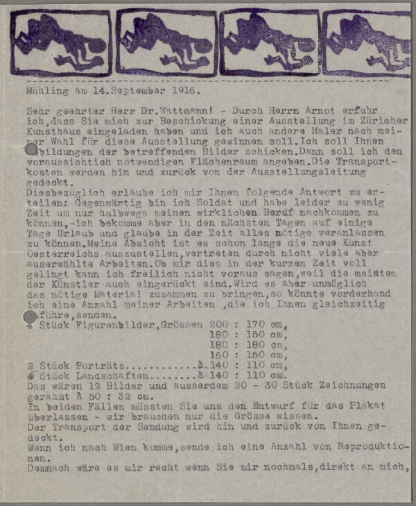 Maschinenschriftlicher Brief von Egon Schiele an Wilhelm Wartmann 