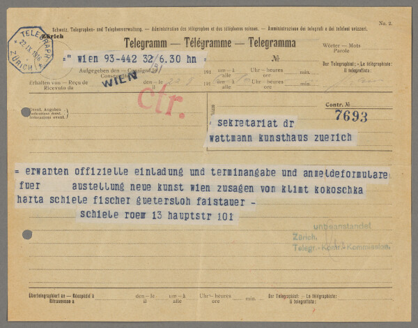 Telegramm von Egon Schiele an Wilhelm Wartmann/Zürcher Kunstgesellschaft 