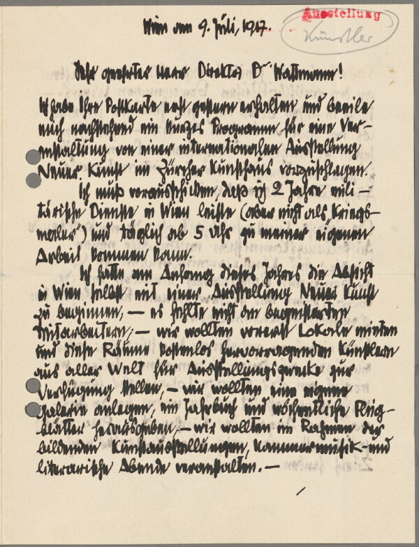 Brief von Egon Schiele an Wilhelm Wartmann 