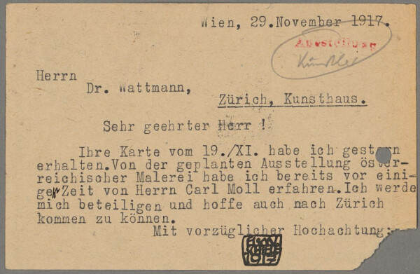 Postkarte von Egon Schiele an Wilhelm Wartmann Bild 2