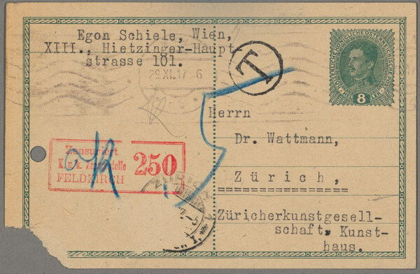 Postkarte von Egon Schiele an Wilhelm Wartmann 