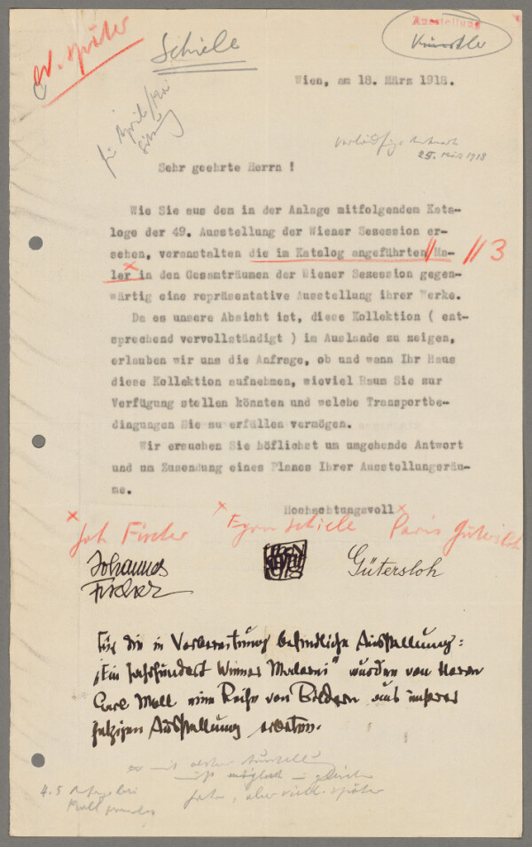 Maschinenschriftlicher Brief von Egon Schiele, Johannes Fischer und Albert Paris Gütersloh an die Zürcher Kunstgesellschaft, mit handschriftlicher Ergänzung von Egon Schiele 