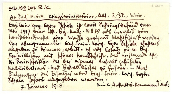 Handwritten transcript of an application made by Hans Rosé to the Imperial-Royal War Ministry; attached to a letter from Egon Schiele to Wilhelm John 