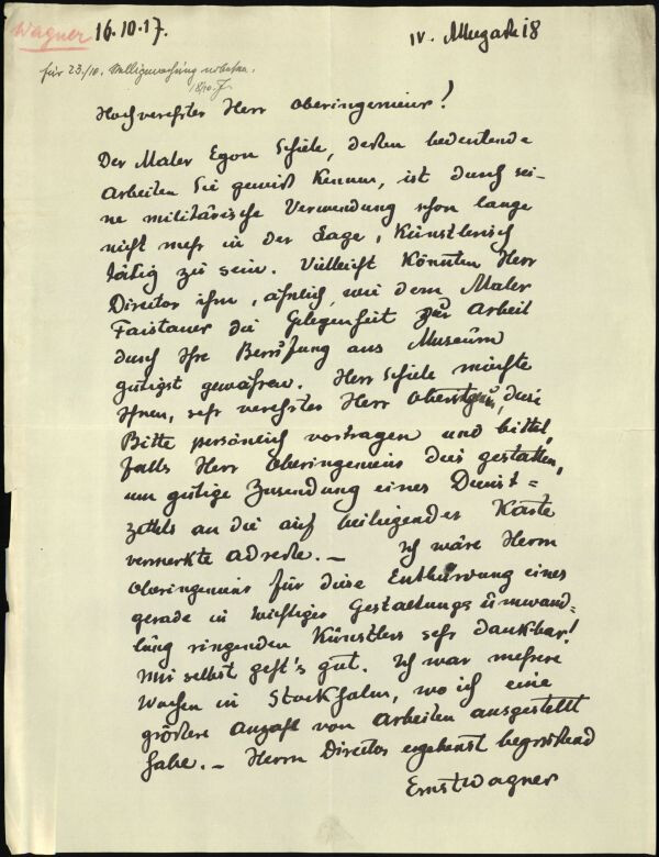 Brief von Ernst Wagner an Wilhelm John, mit einer beigelegten Notiz/Visitkarte von Egon Schiele 