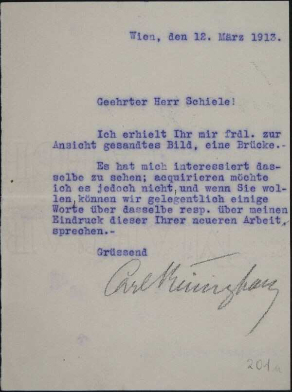 Maschinenschriftlicher Brief von Carl Reininghaus an Egon Schiele 