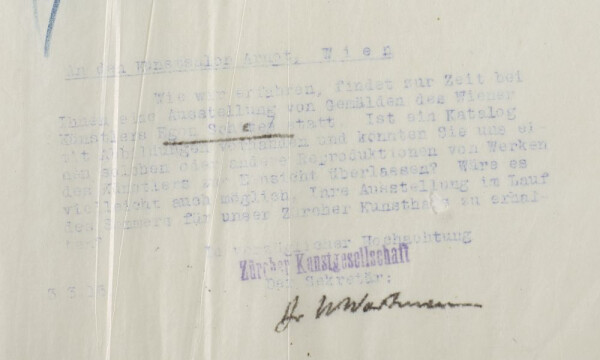 Maschinenschriftliche Postkarte von Wilhelm Wartmann/Zürcher Kunstgesellschaft an die Galerie Arnot (Durchschlag) 