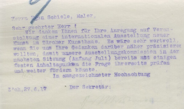 Maschinenschriftliche Postkarte von Wilhelm Wartmann/Zürcher Kunstgesellschaft an Egon Schiele (Durchschlag) 