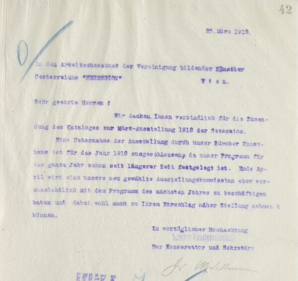 Typewritten letter from Wilhelm Wartmann/Zurich Art Society to Johannes Fischer, Egon Schiele, Albert Paris Gütersloh (carbon copy) 