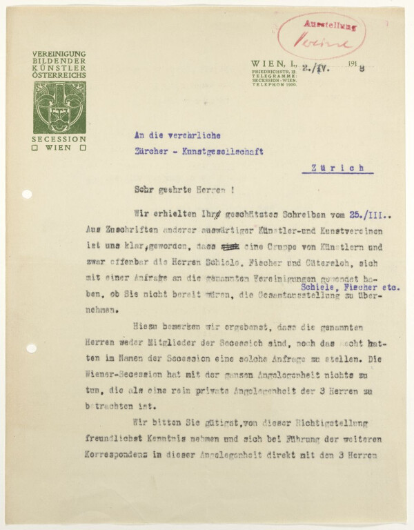 Maschinenschriftlicher Brief von Rudolf Lechner/Wiener Secession an Wilhelm Wartmann/Zürcher Kunstgesellschaft 