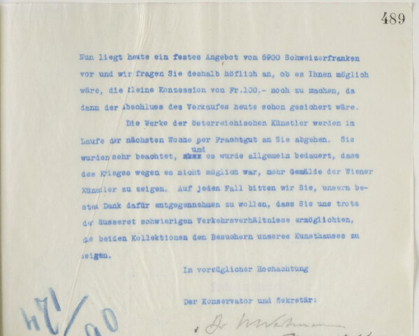 Brief von Wilhelm Wartmann/Zürcher Kunstgesellschaft an Guido Arnot (Durchschlag) Bild 2