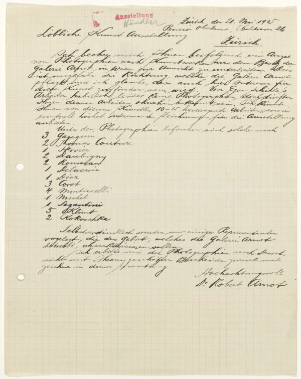 Brief von Robert Arnot an Wilhelm Wartmann/Zürcher Kunstgesellschaft 