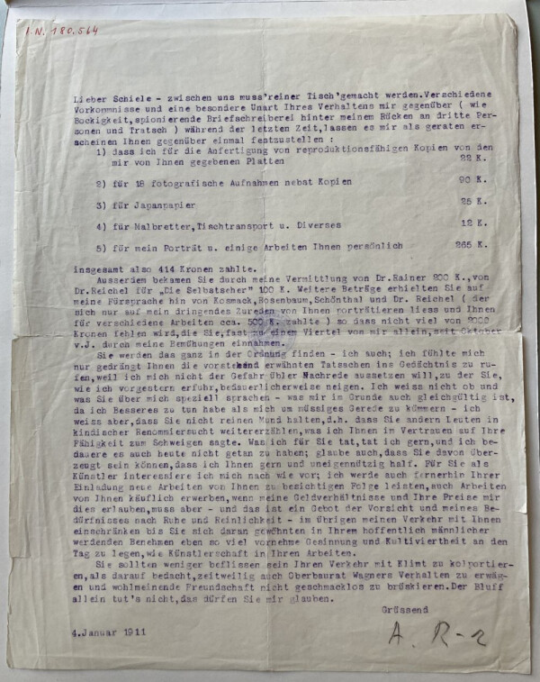 Maschinenschriftlicher Brief von Arthur Roessler an Egon Schiele 