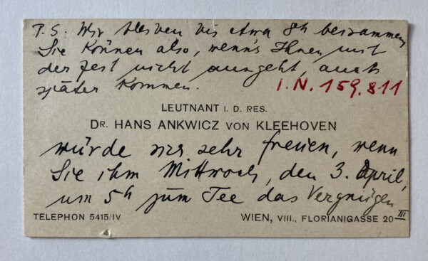 Visitkarte von Hans von Ankwicz-Kleehoven mit einer Notiz für Egon Schiele 