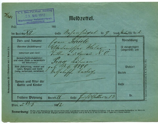 Meldezettel von Egon Schiele im 12. Bezirk, Rosenhügelstraße 9 – ausgefüllt von Marie Schiele 