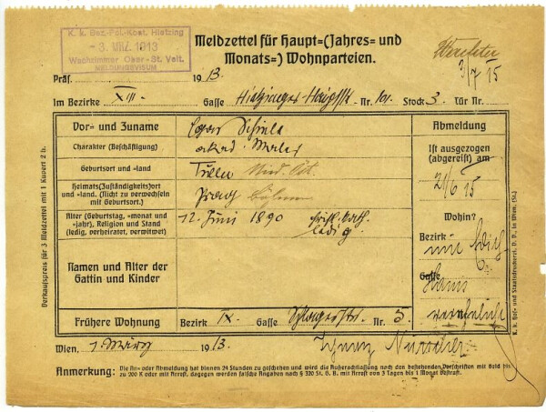 Meldezettel von Egon Schiele im 13. Bezirk, Hietzinger Hauptstraße 101 – ausgefüllt von Egon Schiele 