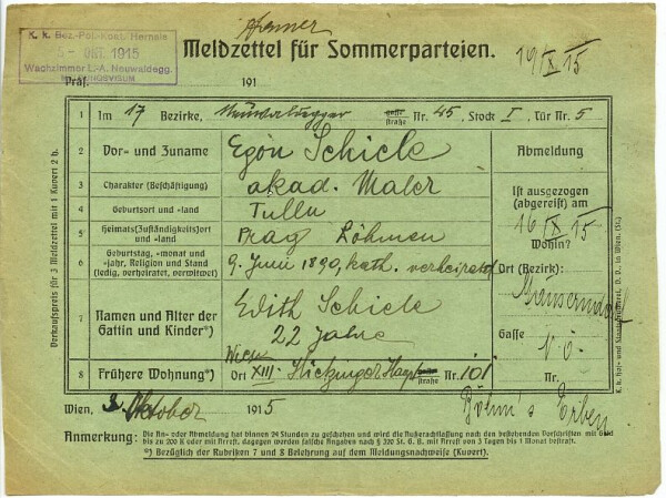 Meldezettel von Egon und Edith Schiele im 17. Bezirk, Neuwaldegger Straße 45 – ausgefüllt von Edith Schiele 