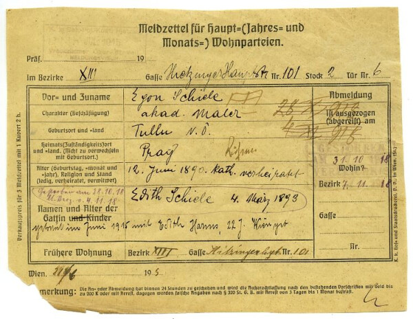 Meldezettel von Egon und Edith Schiele im 13. Bezirk, Hietzinger Hauptstraße 101 – ausgefüllt von Edith Schiele 