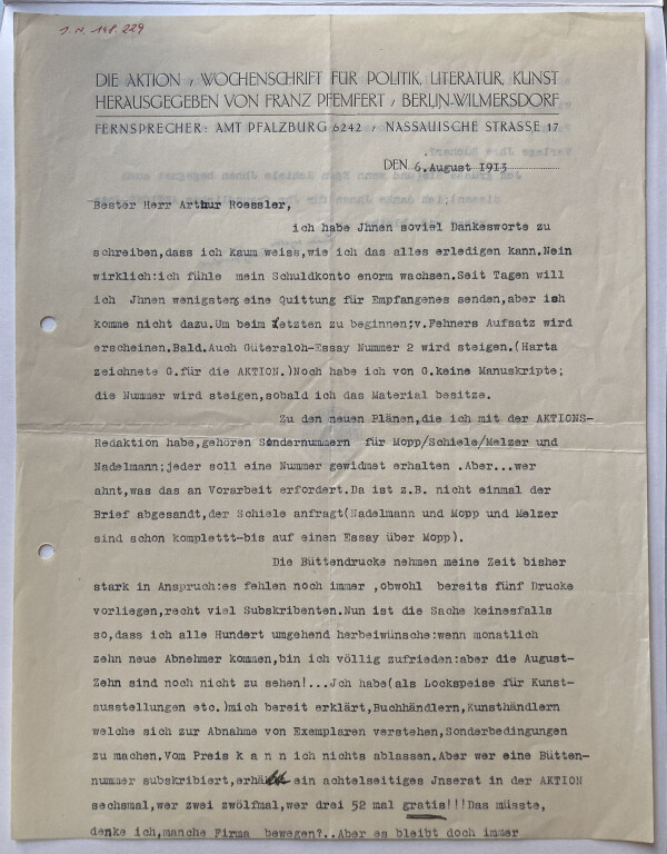 Maschinenschriftlicher Brief von Franz Pfemfert/Die Aktion an Arthur Roessler 