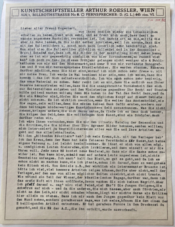 Maschinenschriftlicher Brief von Arthur Roessler an Fritz Hegenbarth 