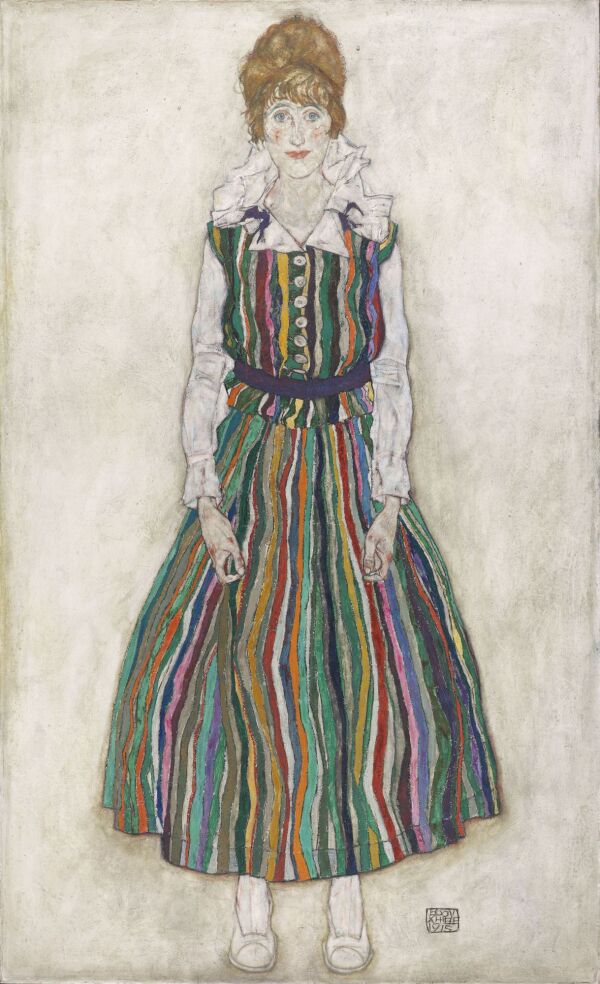 Bildnis der Frau des Künstlers, stehend (Bildnis Edith Schiele in gestreiftem Kleid) 