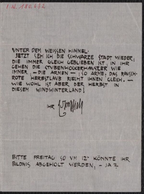 Letter from Egon Schiele to Arthur Roessler, with a poem: Under the White Sky 