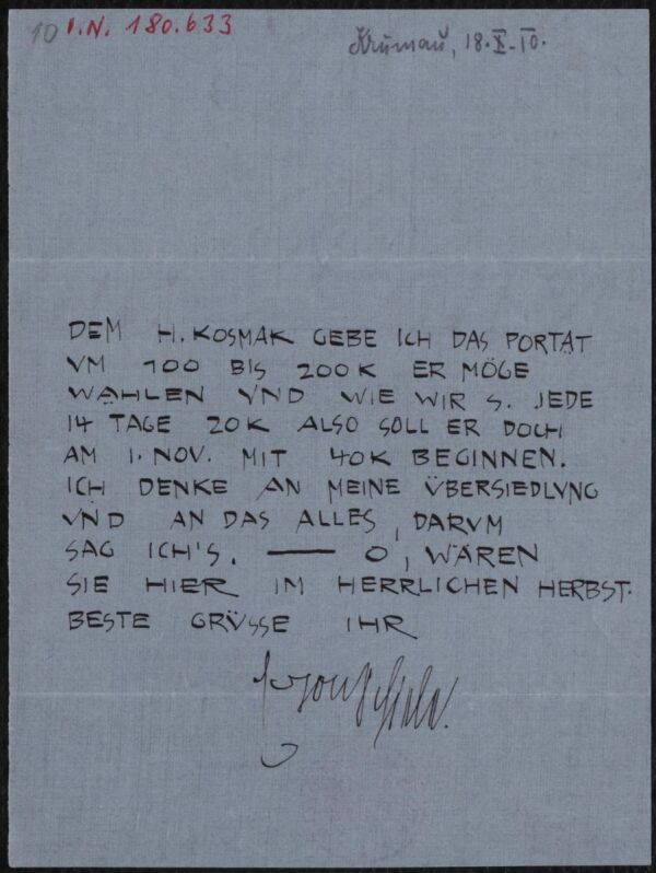 Brief von Egon Schiele an Arthur Roessler 