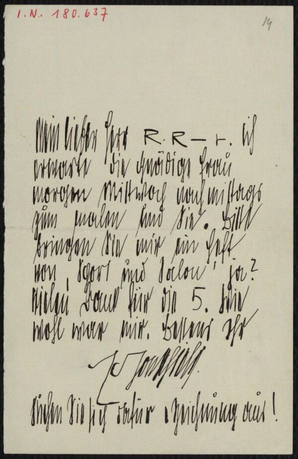 Brief von Egon Schiele an Arthur Roessler 