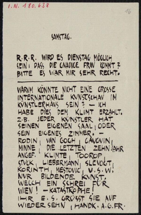 Brief von Egon Schiele an Arthur Roessler 