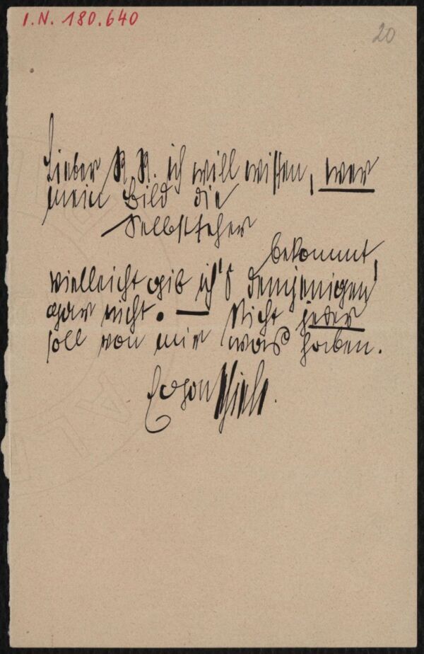 Brief von Egon Schiele an Arthur Roessler 