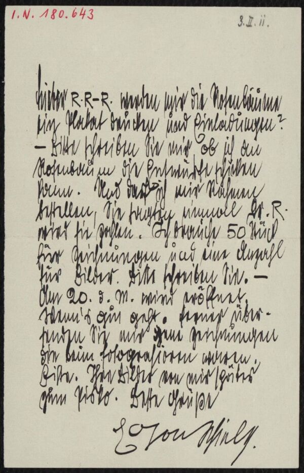 Brief von Egon Schiele an Arthur Roessler 