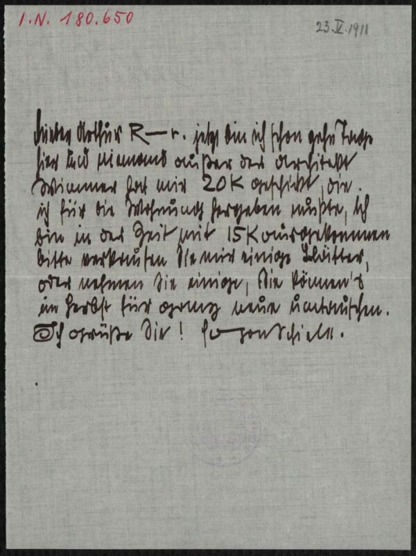 Brief von Egon Schiele an Arthur Roessler 