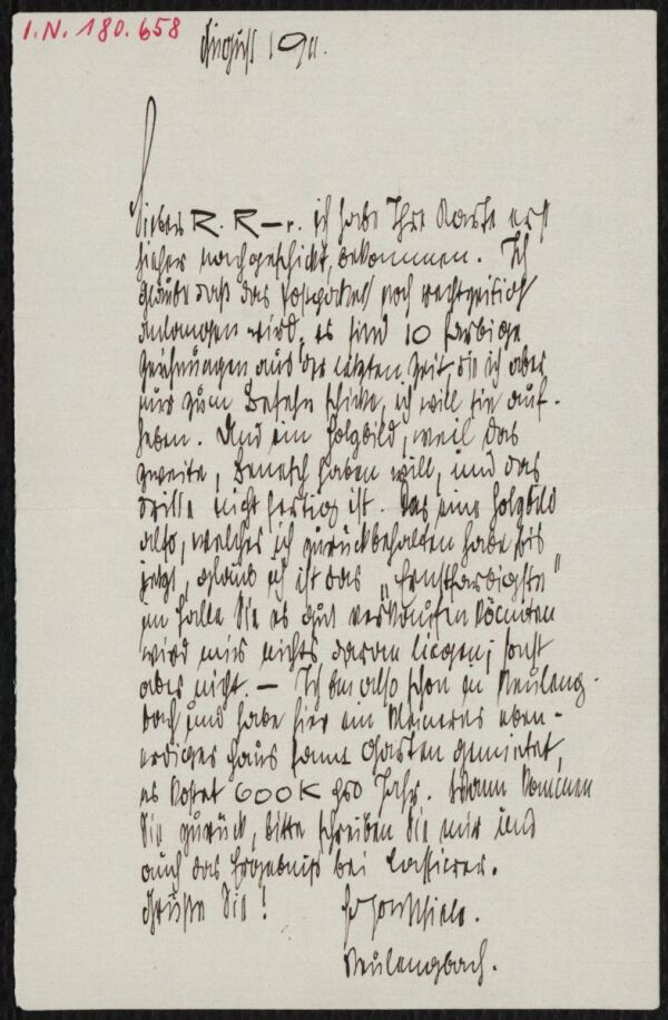 Brief von Egon Schiele an Arthur Roessler 