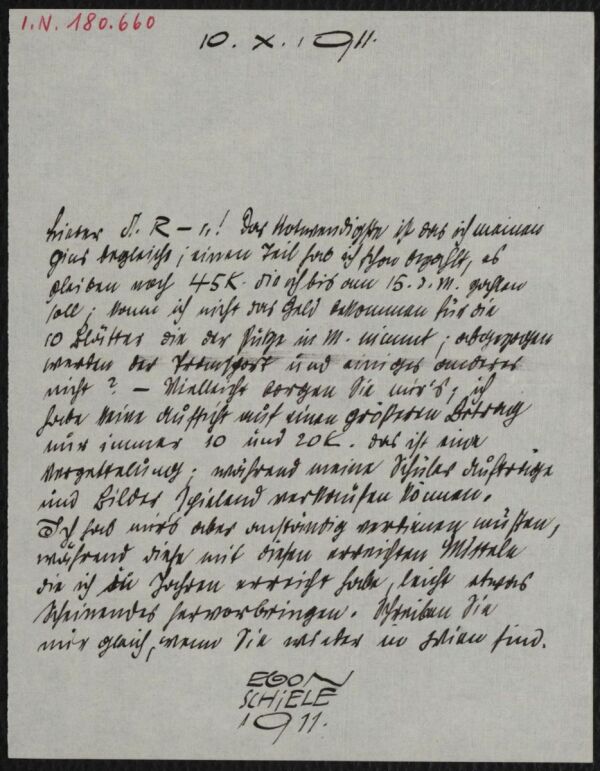 Brief von Egon Schiele an Arthur Roessler 