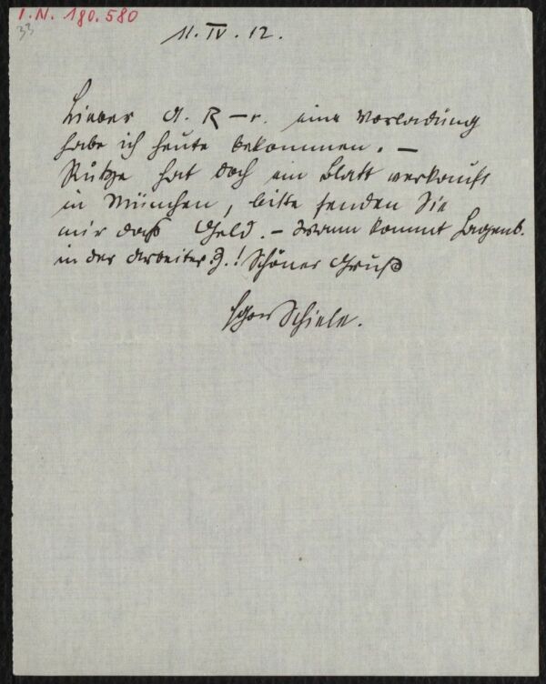 Brief von Egon Schiele an Arthur Roessler 