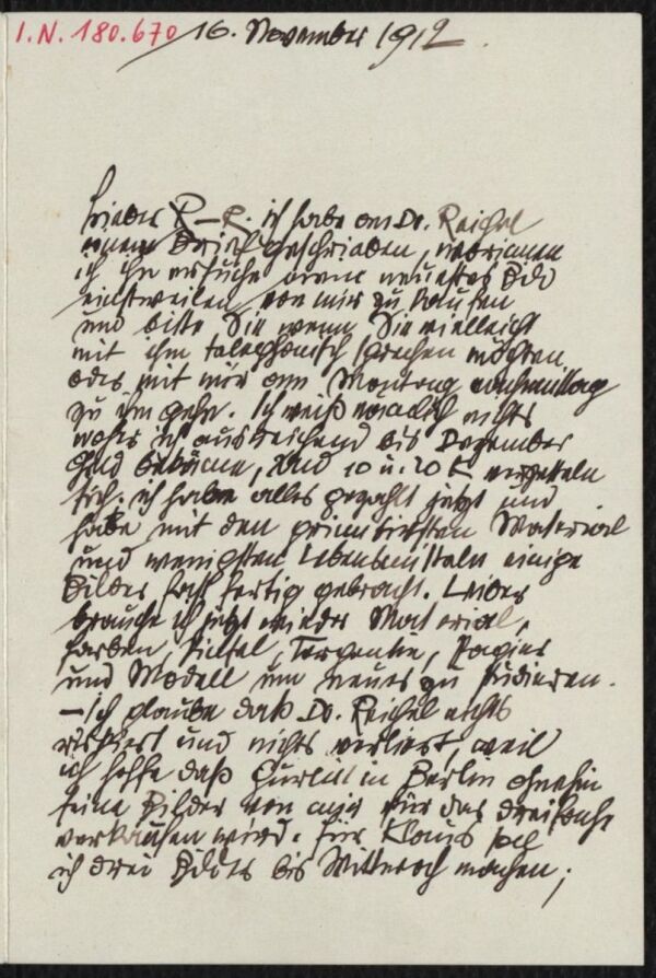 Brief von Egon Schiele an Arthur Roessler 