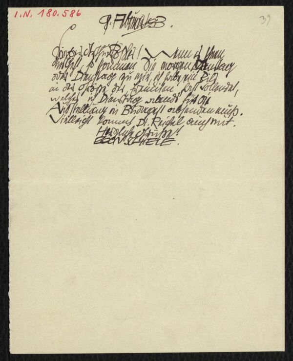 Brief von Egon Schiele an Arthur Roessler 