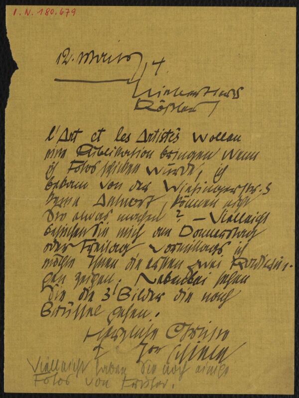 Brief von Egon Schiele an Arthur Roessler 