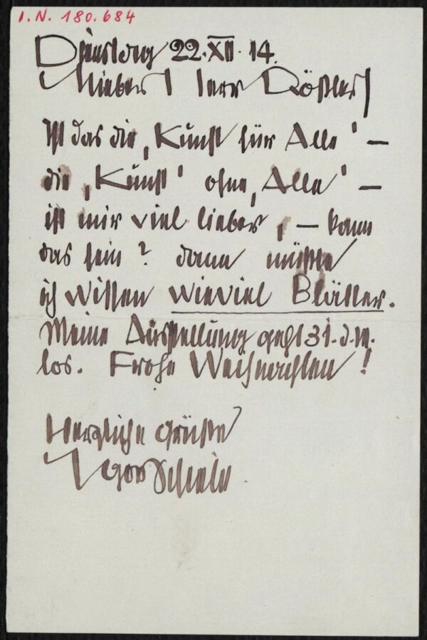 Brief von Egon Schiele an Arthur Roessler 