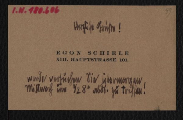 Visitkarte von Egon Schiele mit einer Notiz für Arthur Roessler 