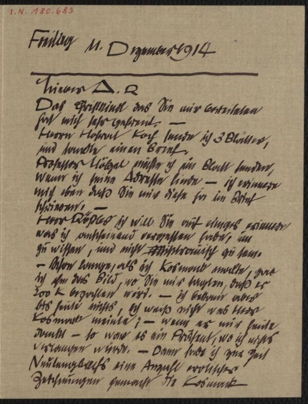 Brief von Egon Schiele an Arthur Roessler 