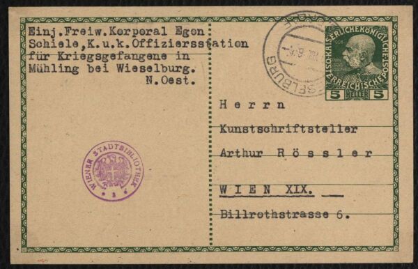 Maschinenschriftliche Postkarte (Feldpost) von Egon Schiele an Arthur Roessler Bild 2