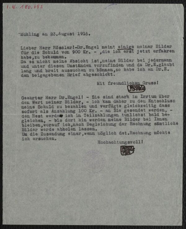 Maschinenschriftlicher Brief von Egon Schiele an Arthur Roessler und Hermann Engel 