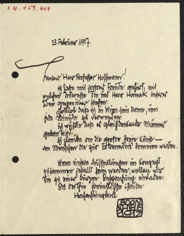 Brief von Egon Schiele an Josef Hoffmann 