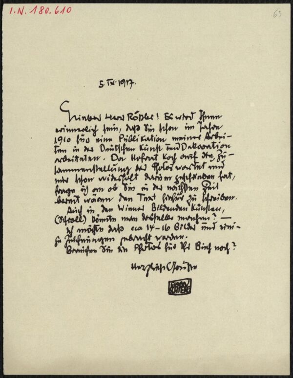 Brief von Egon Schiele an Arthur Roessler 