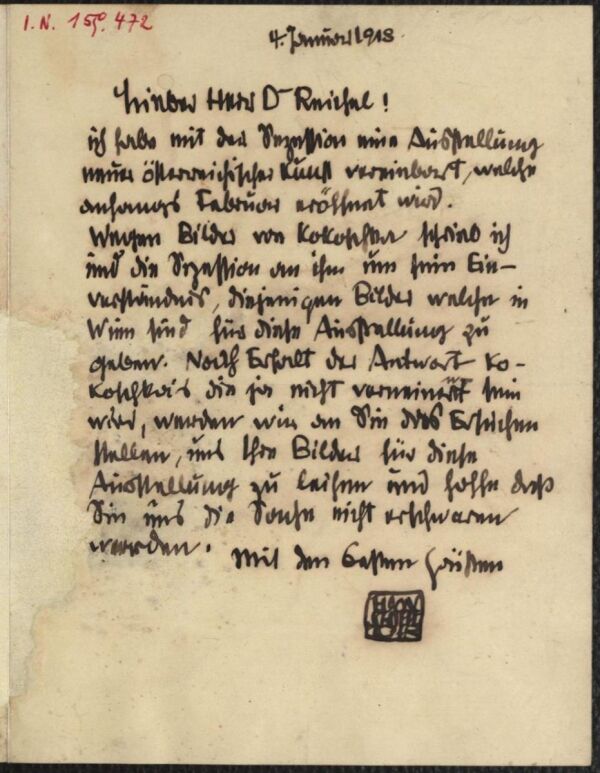 Brief von Egon Schiele an Oskar Reichel 