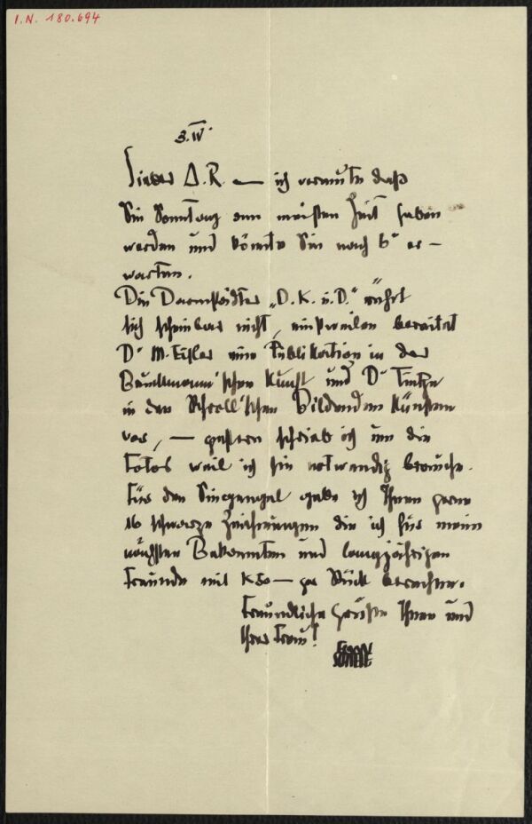 Brief von Egon Schiele an Arthur Roessler 