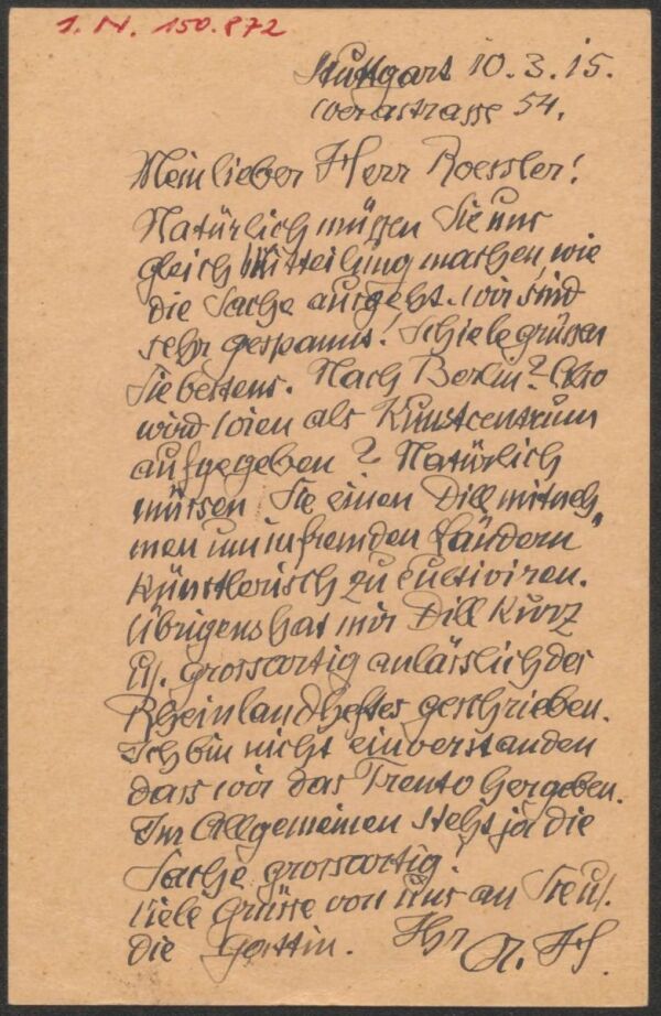 Postkarte von Adolf Hölzel an Arthur Roessler 