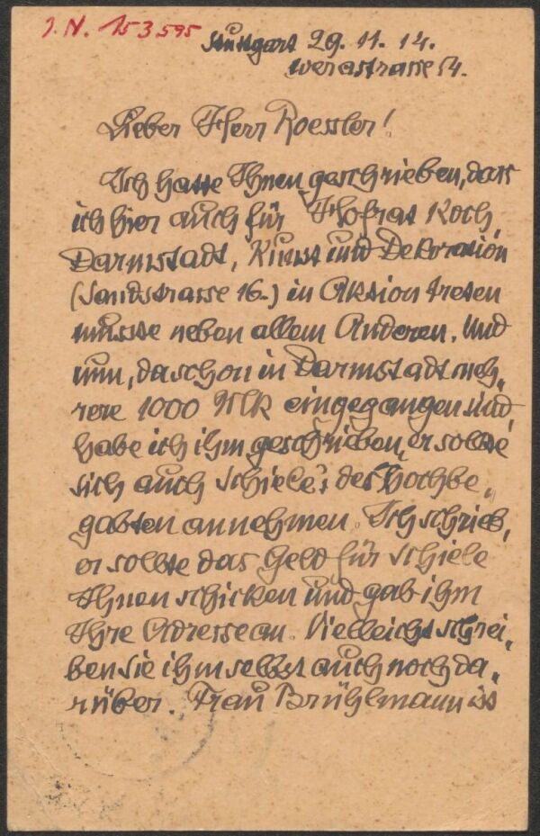 Postkarte von Adolf Hölzel an Arthur Roessler 