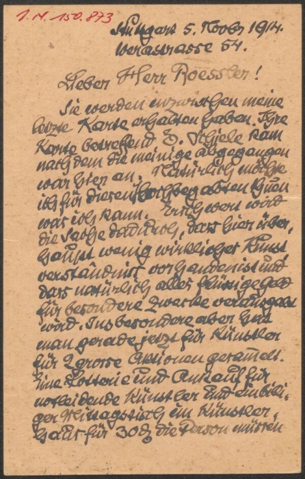 Postkarte von Adolf Hölzel an Arthur Roessler 